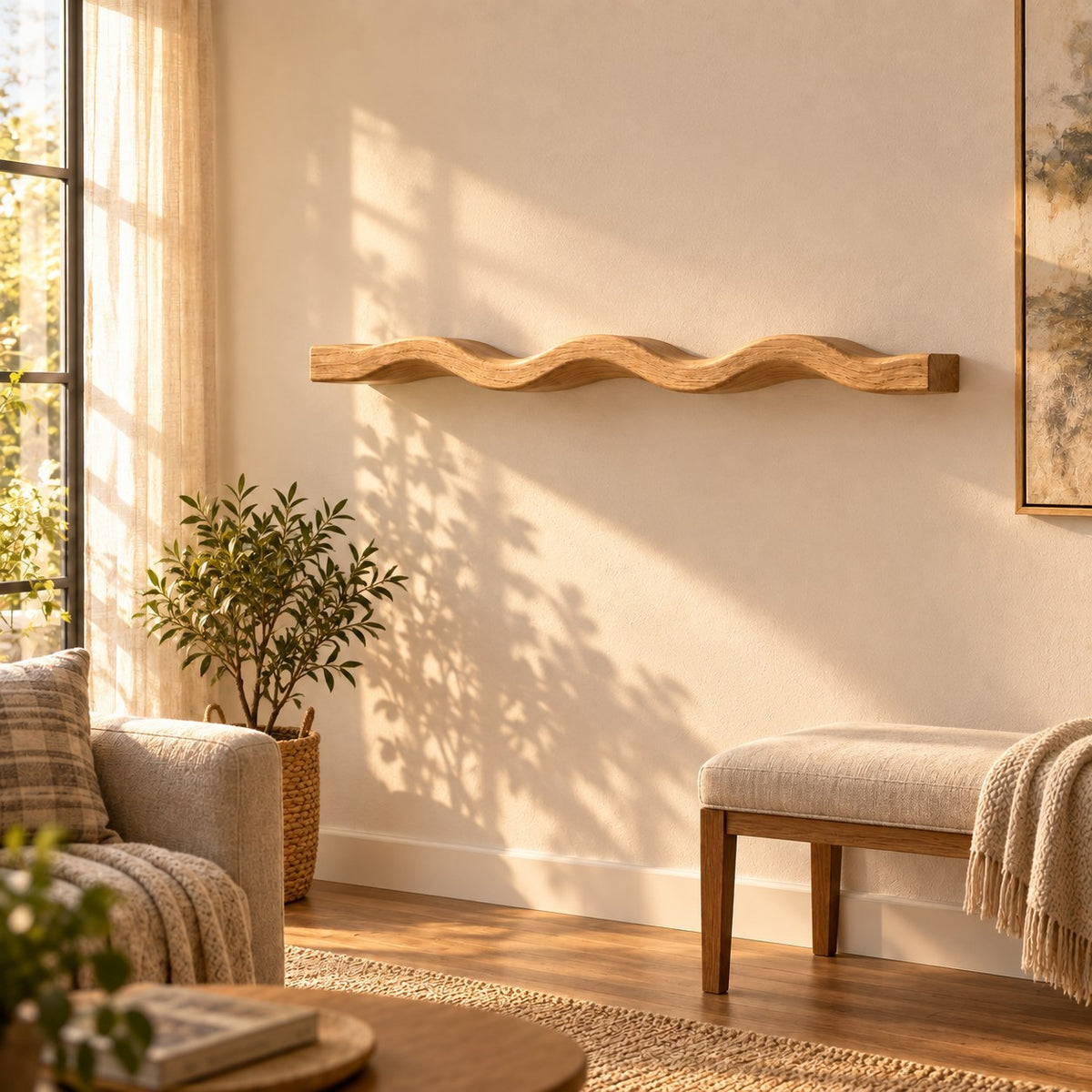 Boho Scalloped Wave Floating Wall Shelf Set For Living Room