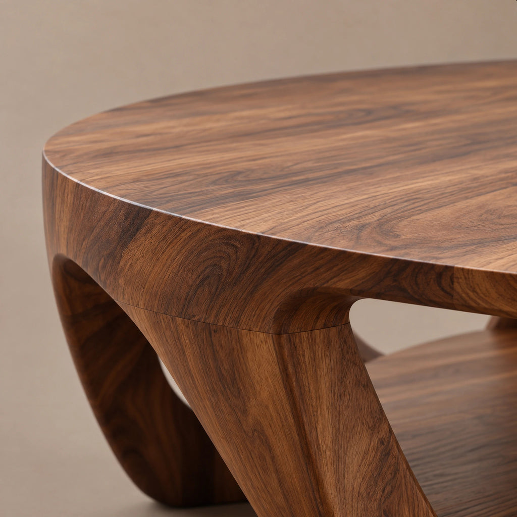 Scandinavian Round Wooden Coffee Table With Arched Legs For Living Room