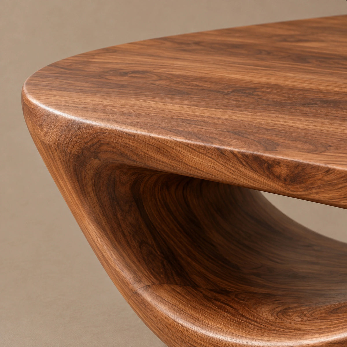 Sculptural Curved Wood Coffee Table With Double Loop Base For Living Room