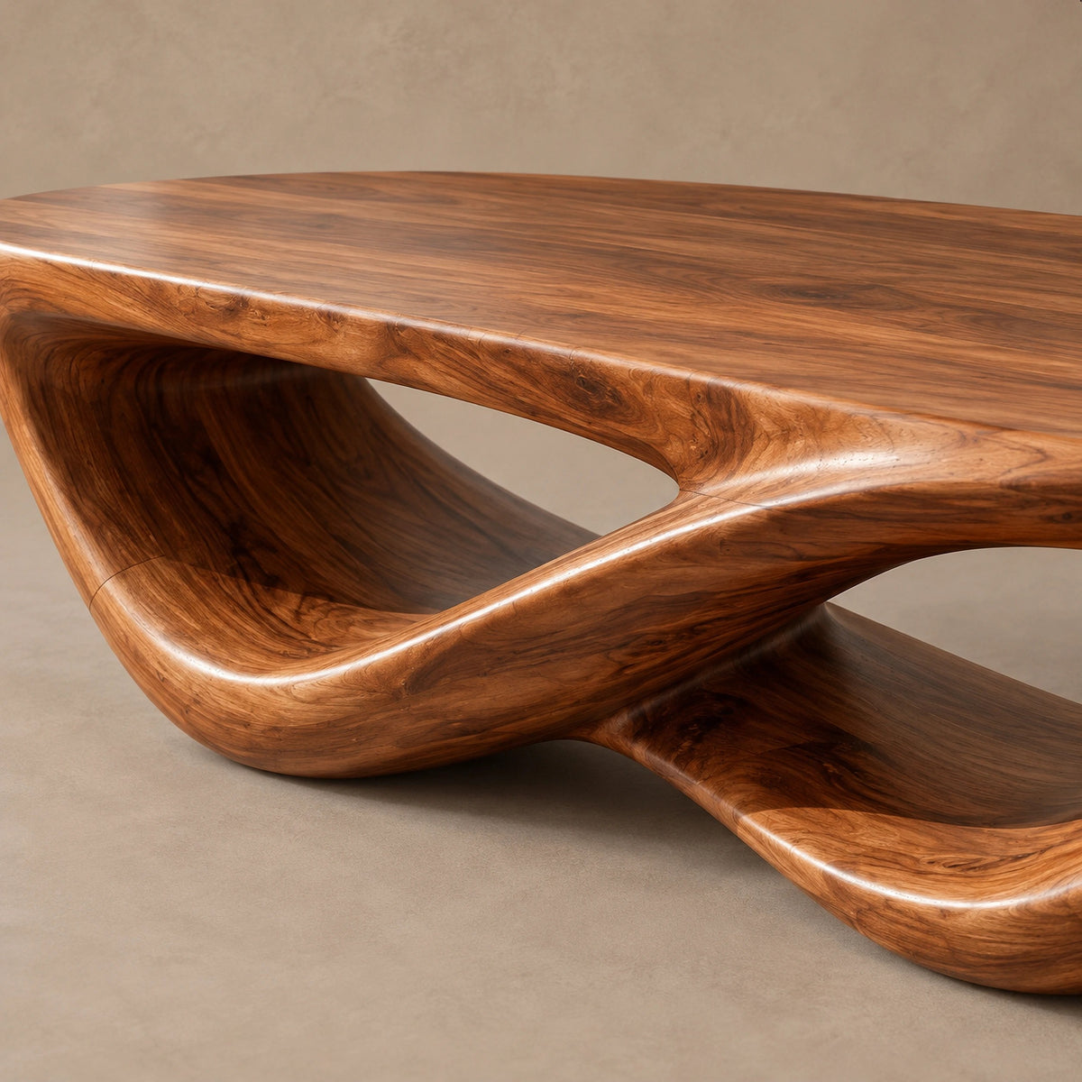 Sculptural Curved Wood Coffee Table With Double Loop Base For Living Room