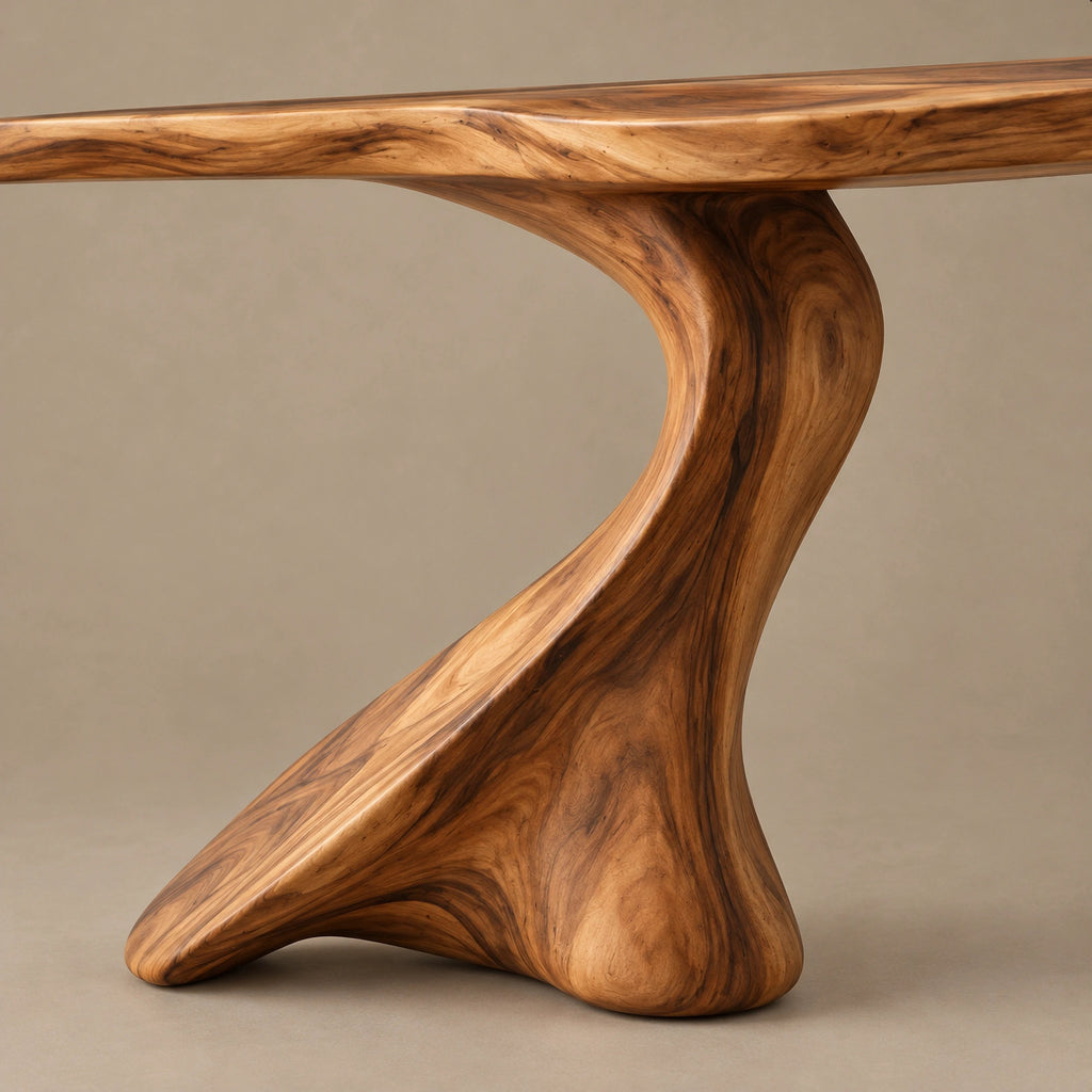 Sculptural Live Edge Console Table With Swooping S Curve Base For Entryway
