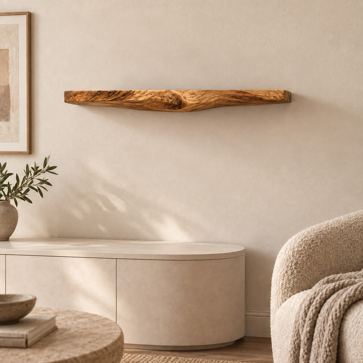 Sculptural Live Edge Floating Wall Shelf With Carved Underside For Living Room