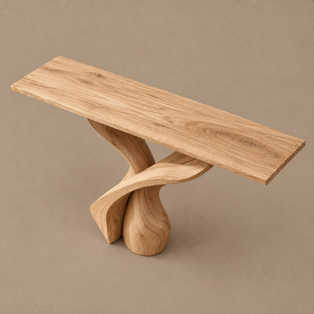 Sculptural Solid Wood Console Table With Twisted Pedestal Base For Entryway