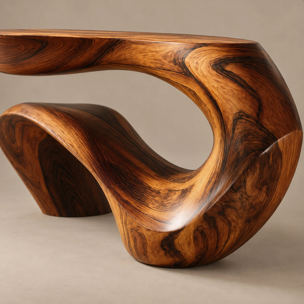 Sculptural Wave Wood Console Table With Curling Ribbon Base For Entryway