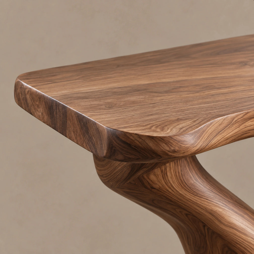Sculptural Wooden Console Table With Sweeping Arch Base For Foyer
