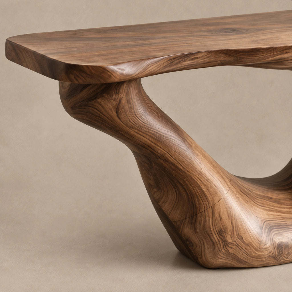 Sculptural Wooden Console Table With Sweeping Arch Base For Foyer
