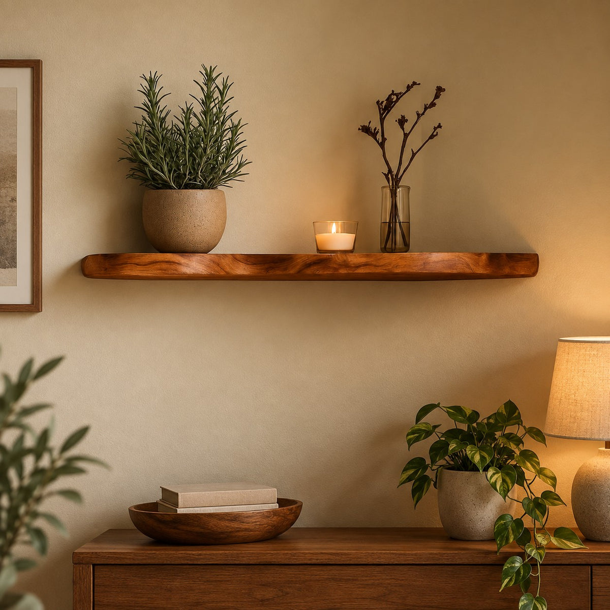 Contemporary Live Edge Floating Corner Shelf With Tiered Slabs For Living Room
