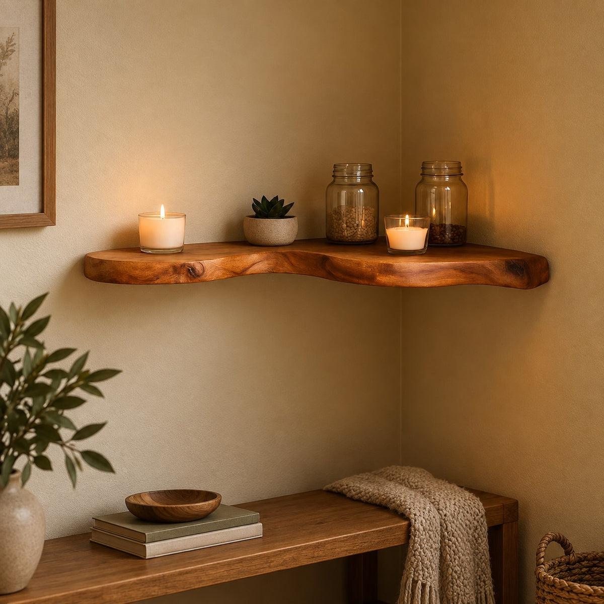 Contemporary Live Edge Floating Corner Shelf With Tiered Slabs For Living Room