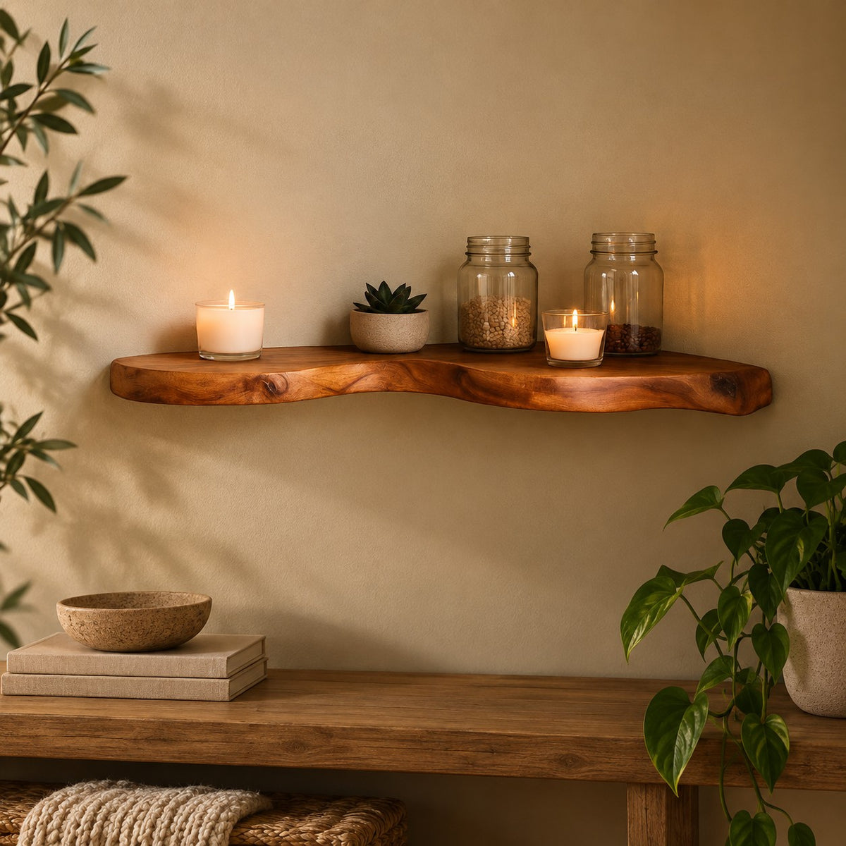Contemporary Live Edge Floating Corner Shelf With Tiered Slabs For Living Room