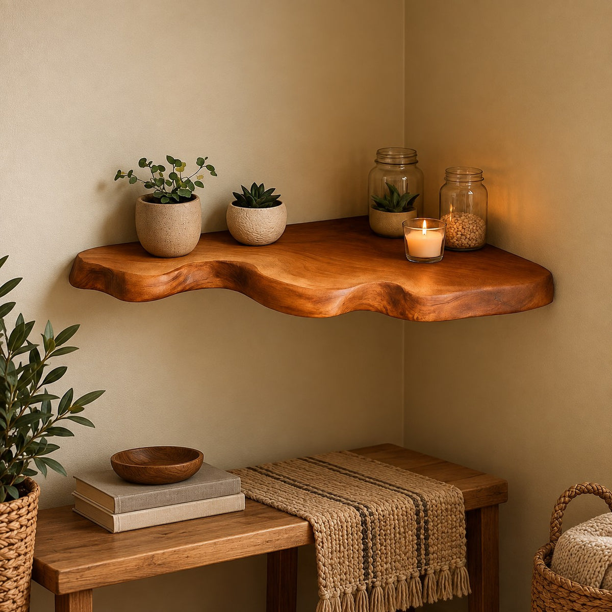 Contemporary Live Edge Floating Corner Shelf With Tiered Slabs For Living Room