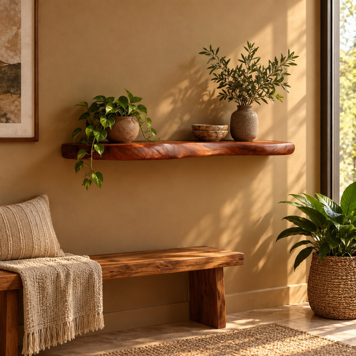 Contemporary Live Edge Floating Wall Shelf With Book Display For Living Room