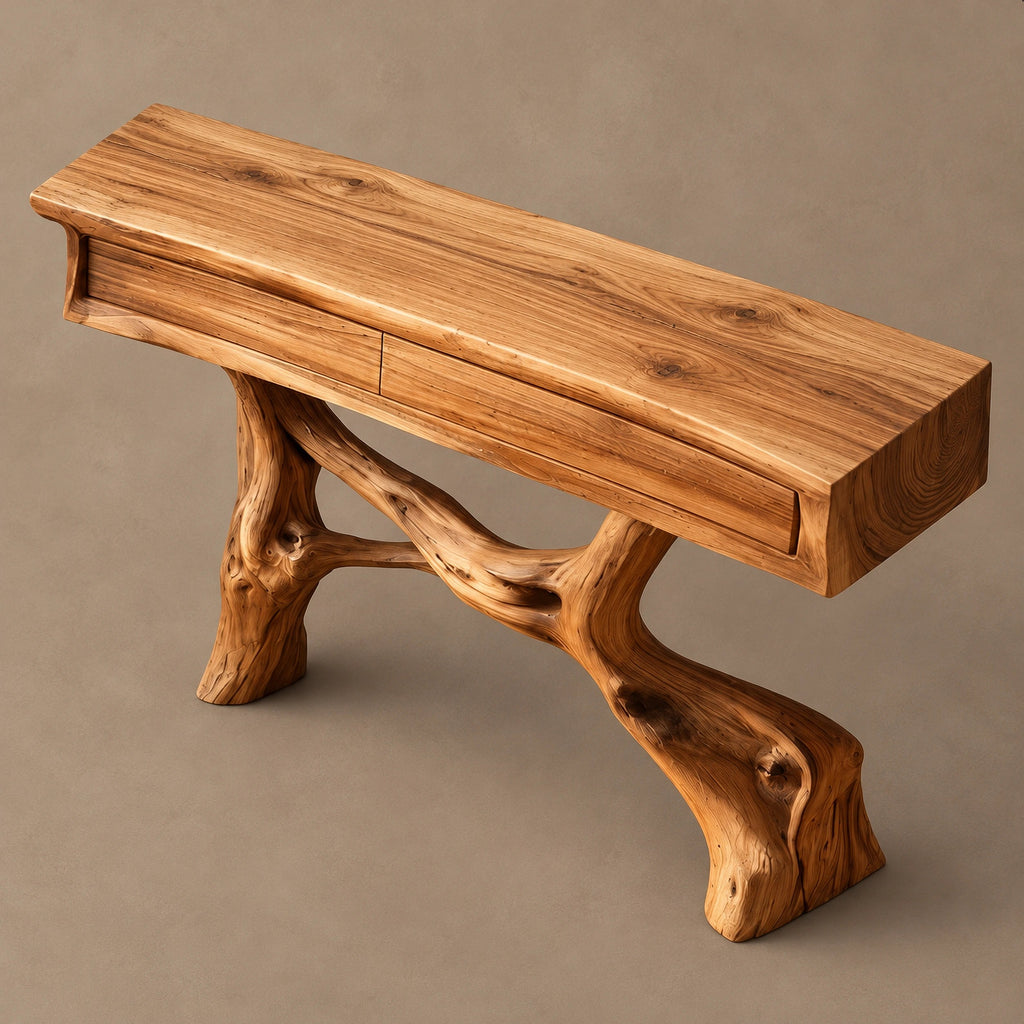 Statement Driftwood Pedestal Console Table With 2 Drawers For Entryway