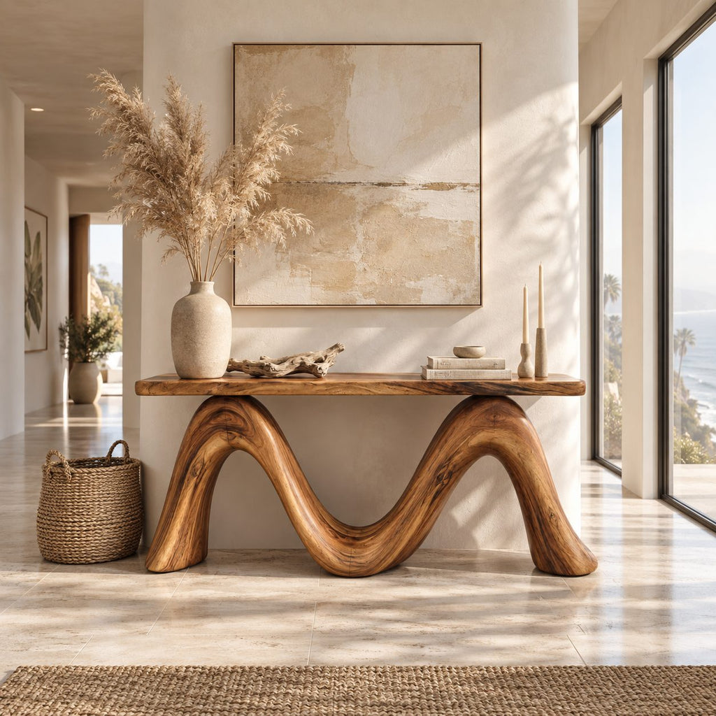 Sculptural Console Table with Double Wave Bent Wood Base, Live Edge Entryway Table for Hallway