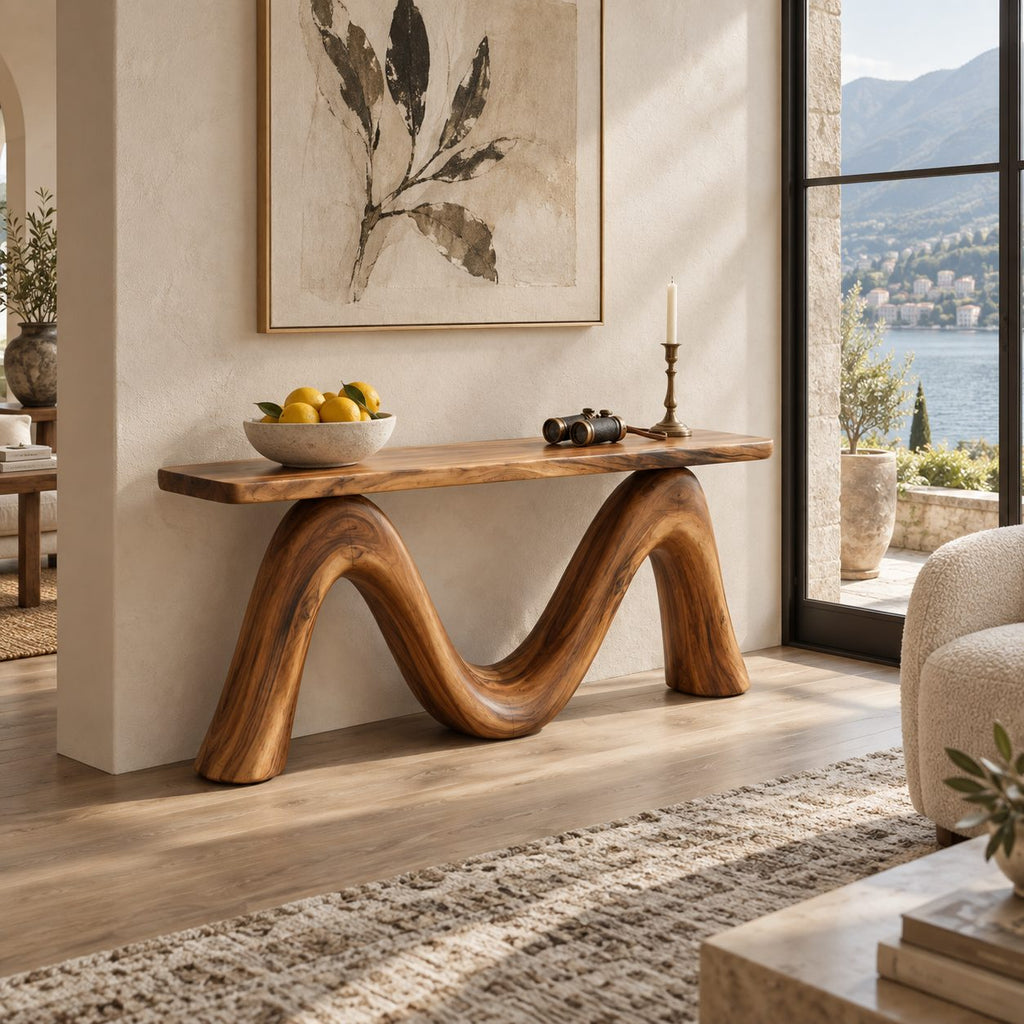 Sculptural Console Table with Double Wave Bent Wood Base, Live Edge Entryway Table for Hallway