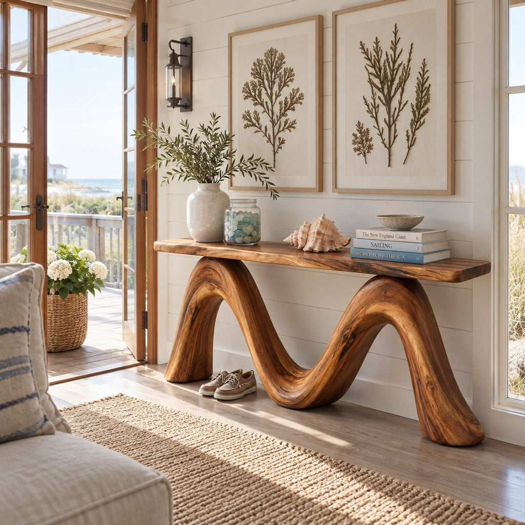 Sculptural Console Table with Double Wave Bent Wood Base, Live Edge Entryway Table for Hallway