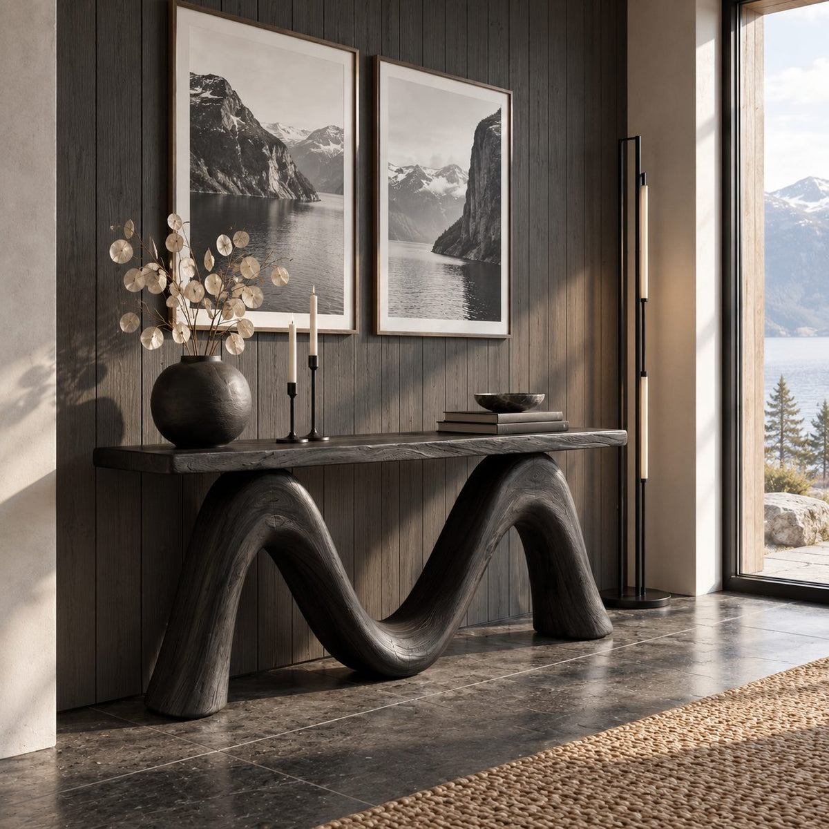 Sculptural Console Table with Double Wave Bent Wood Base, Live Edge Entryway Table for Hallway