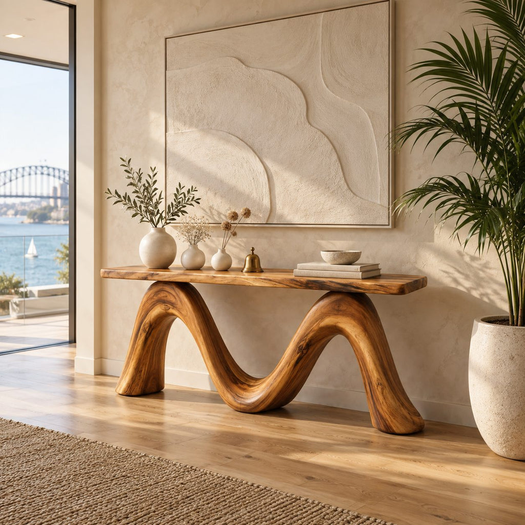 Sculptural Console Table with Double Wave Bent Wood Base, Live Edge Entryway Table for Hallway