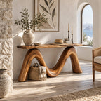 Sculptural Console Table with Double Wave Bent Wood Base, Live Edge Entryway Table for Hallway