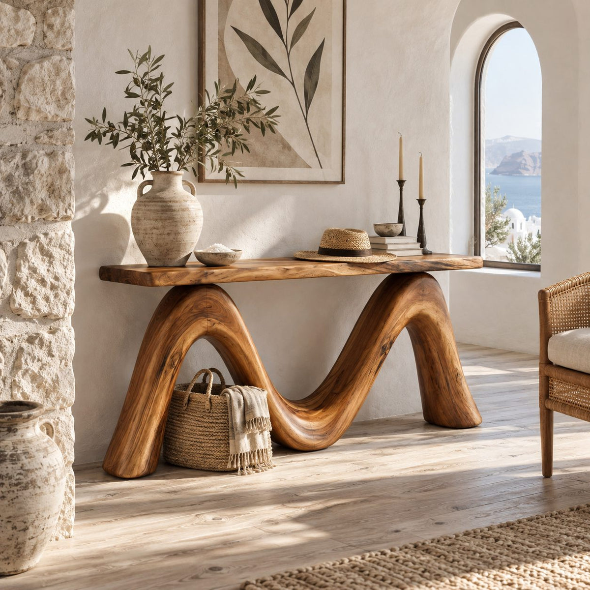 Sculptural Console Table with Double Wave Bent Wood Base, Live Edge Entryway Table for Hallway