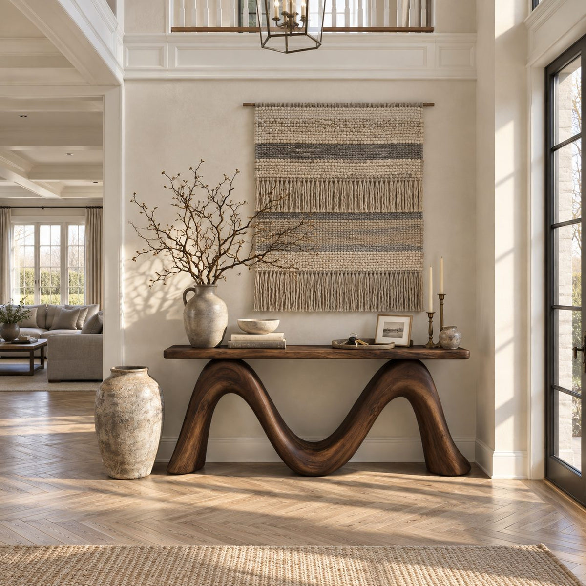 Sculptural Console Table with Double Wave Bent Wood Base, Live Edge Entryway Table for Hallway