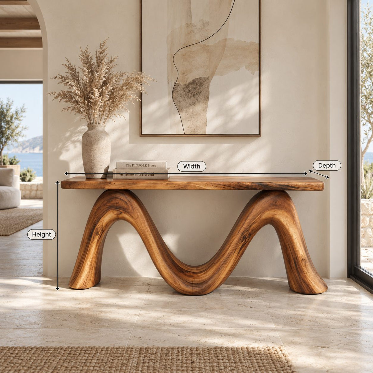 Sculptural Console Table with Double Wave Bent Wood Base, Live Edge Entryway Table for Hallway