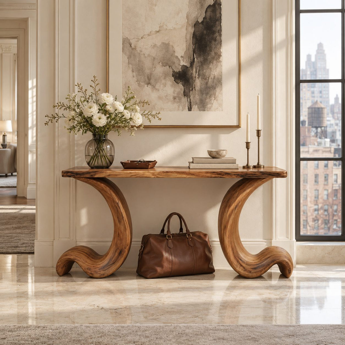 Live Edge Console Table with Curled Wave Legs, Sculptural Solid Wood Entryway Table