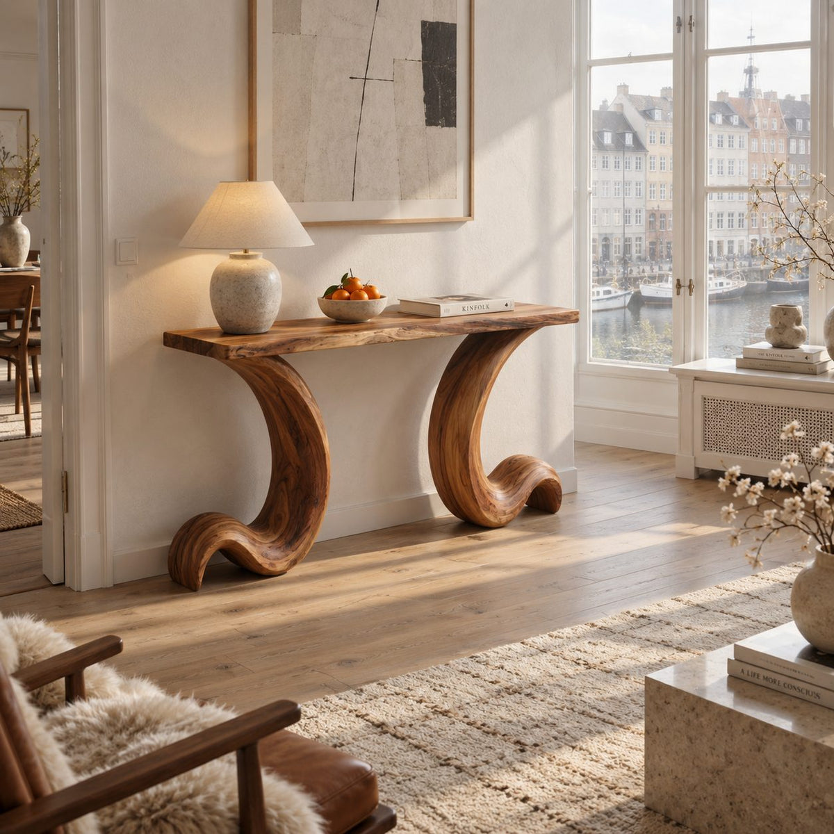 Live Edge Console Table with Curled Wave Legs, Sculptural Solid Wood Entryway Table