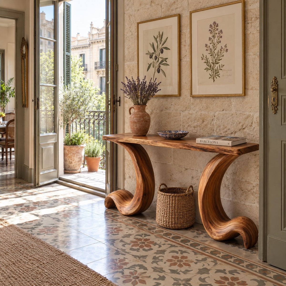 Live Edge Console Table with Curled Wave Legs, Sculptural Solid Wood Entryway Table