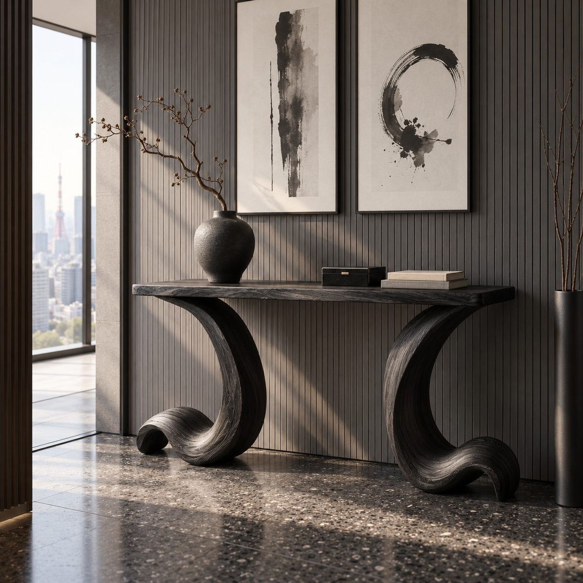 Live Edge Console Table with Curled Wave Legs, Sculptural Solid Wood Entryway Table
