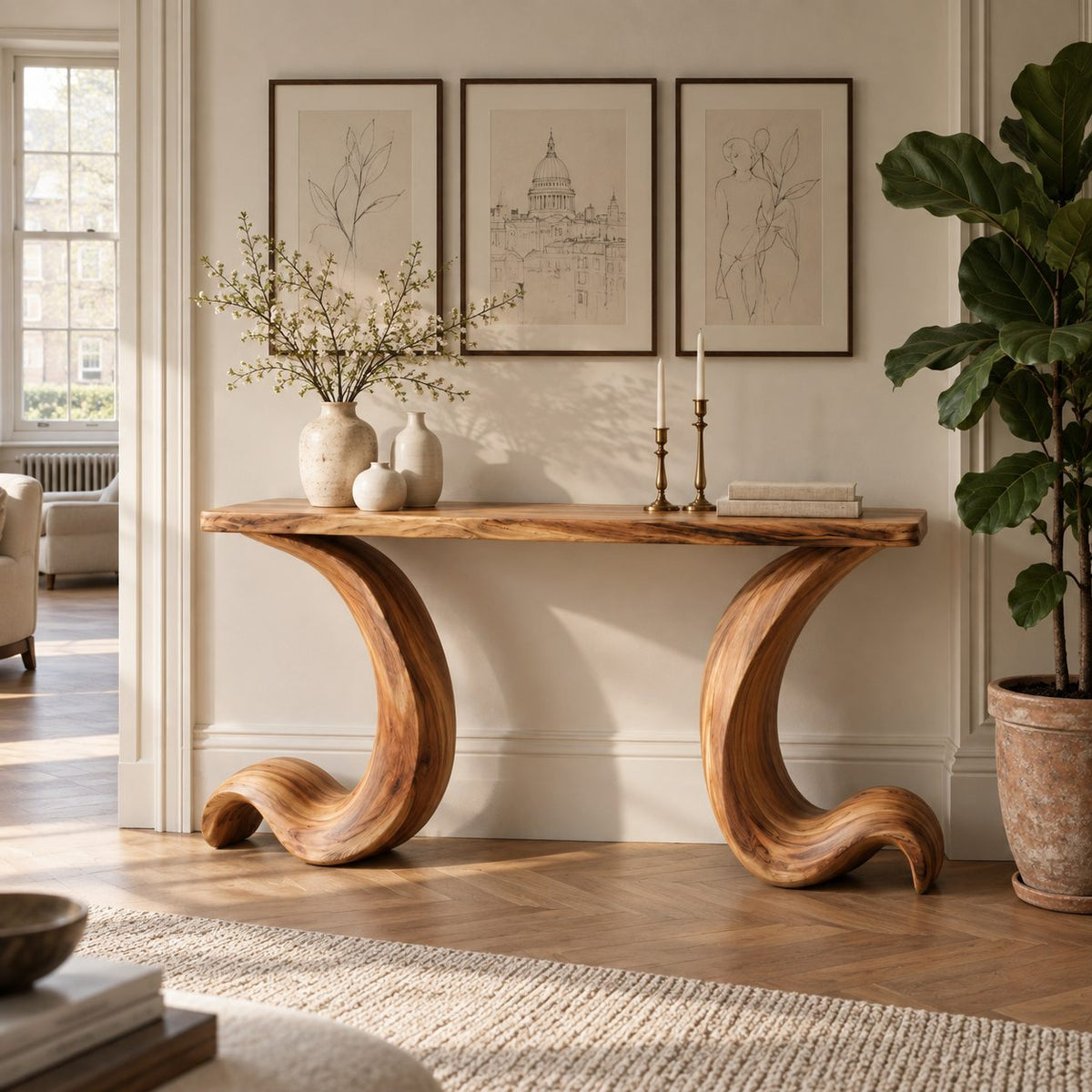 Live Edge Console Table with Curled Wave Legs, Sculptural Solid Wood Entryway Table