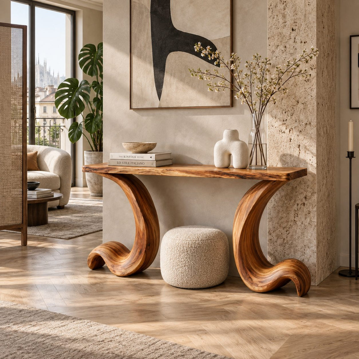 Live Edge Console Table with Curled Wave Legs, Sculptural Solid Wood Entryway Table
