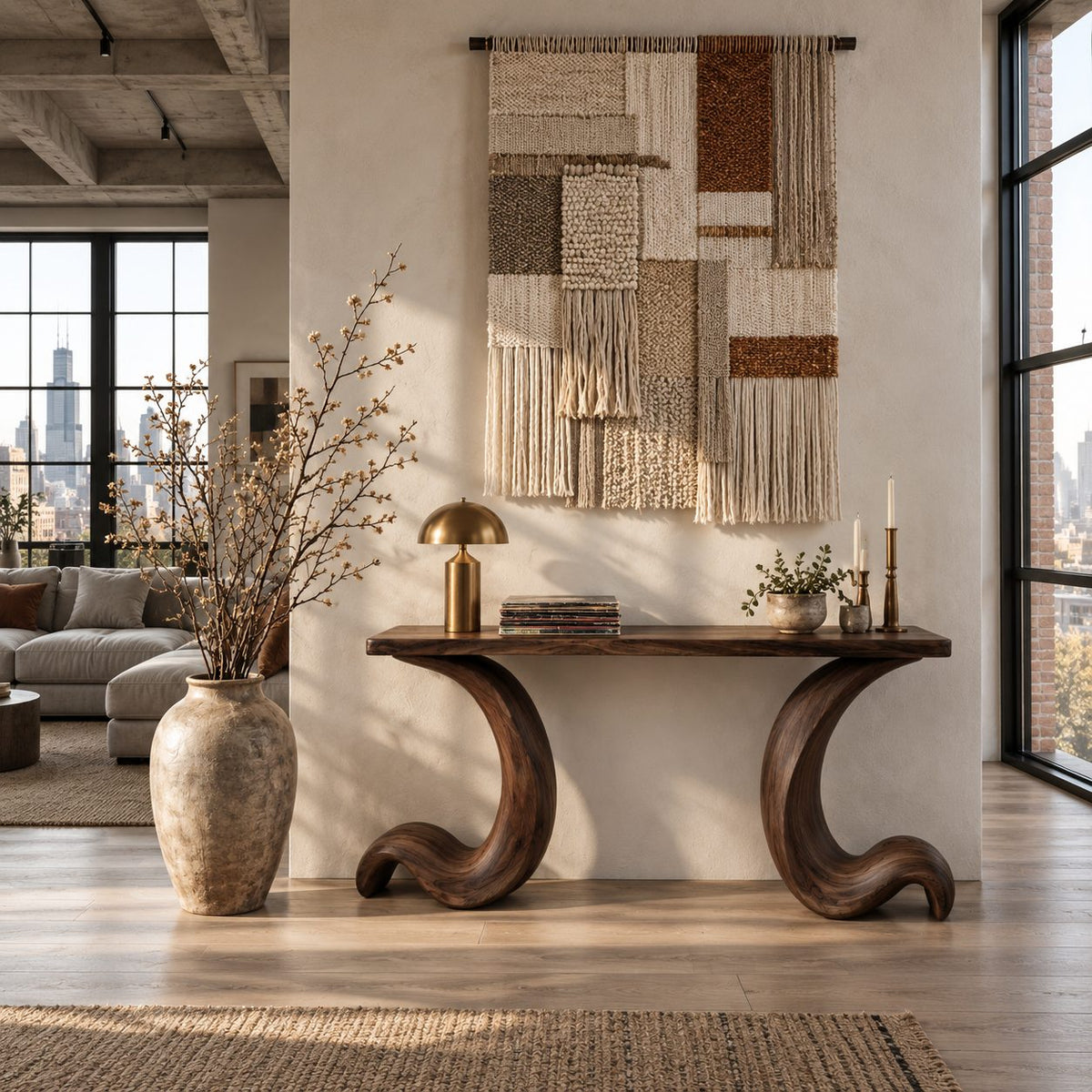 Live Edge Console Table with Curled Wave Legs, Sculptural Solid Wood Entryway Table