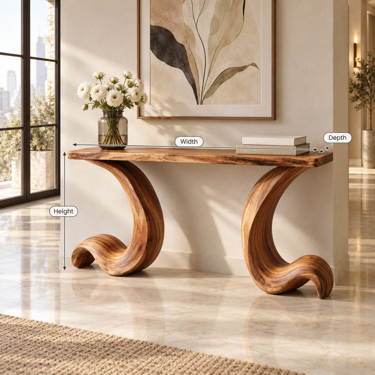 Live Edge Console Table with Curled Wave Legs, Sculptural Solid Wood Entryway Table