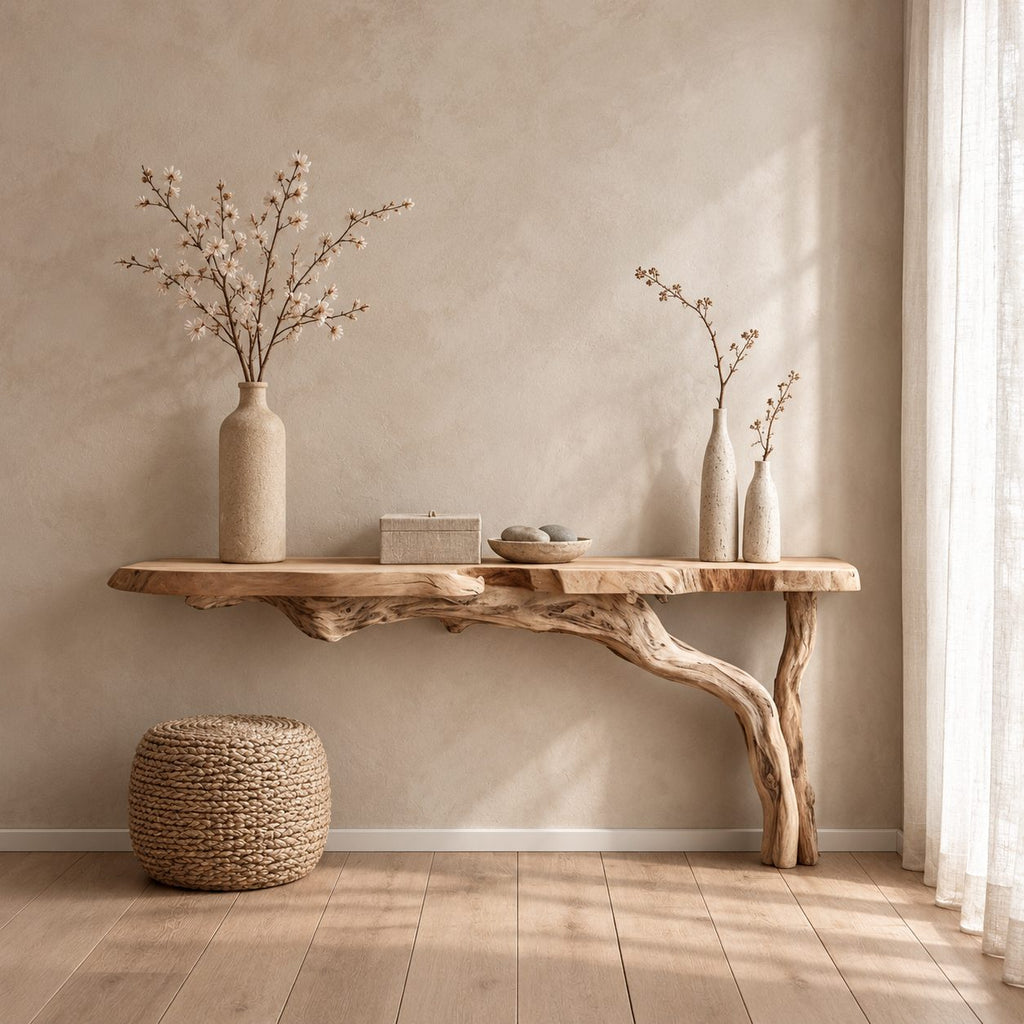 Floating Console Table with Driftwood Branch Leg, Wall Mounted Live Edge Entryway Table