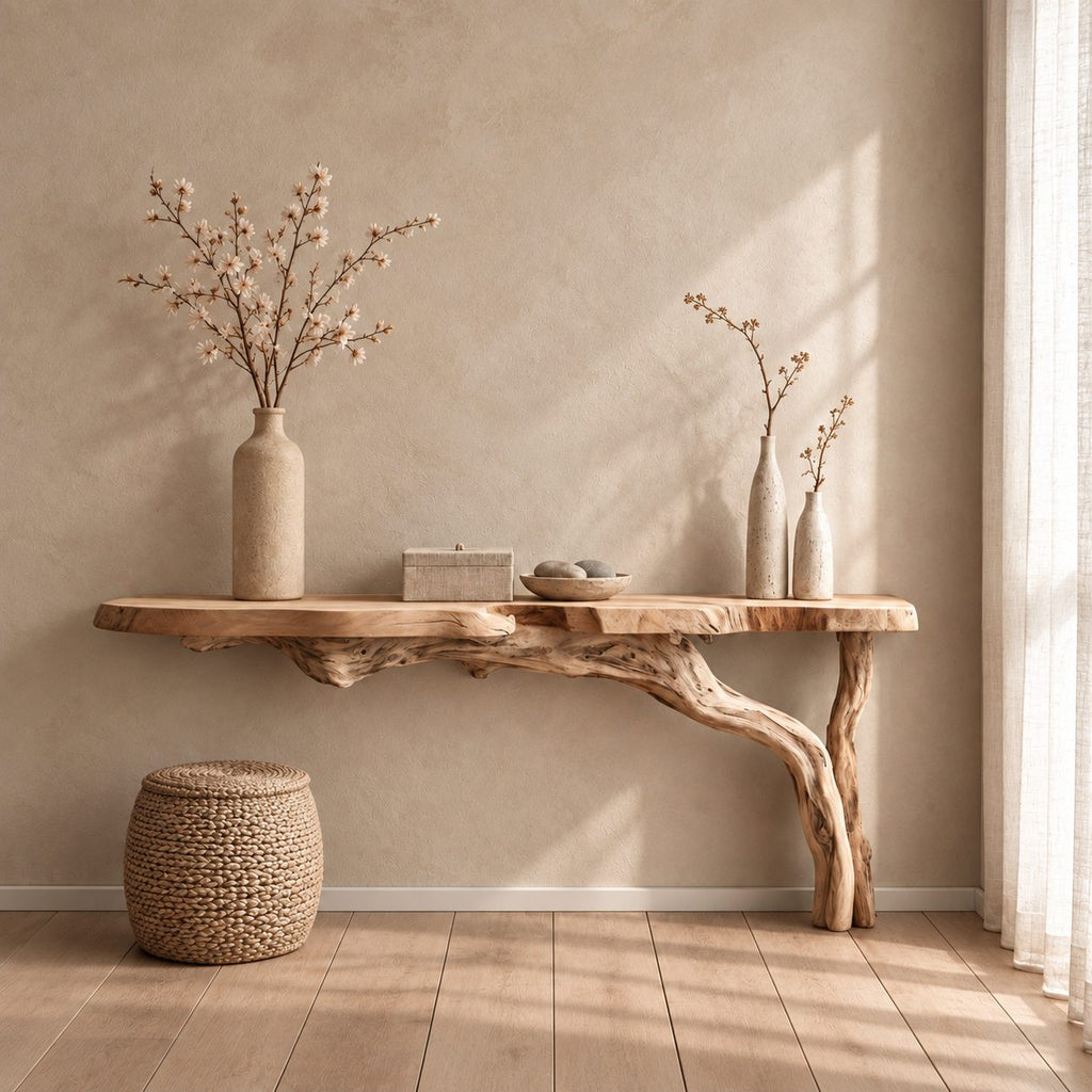 Floating Console Table with Driftwood Branch Leg, Wall Mounted Live Edge Entryway Table