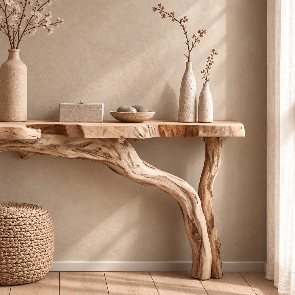 Floating Console Table with Driftwood Branch Leg, Wall Mounted Live Edge Entryway Table