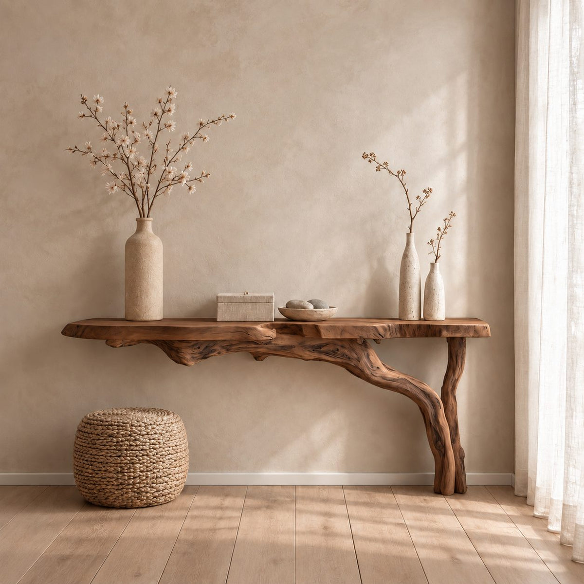 Floating Console Table with Driftwood Branch Leg, Wall Mounted Live Edge Entryway Table
