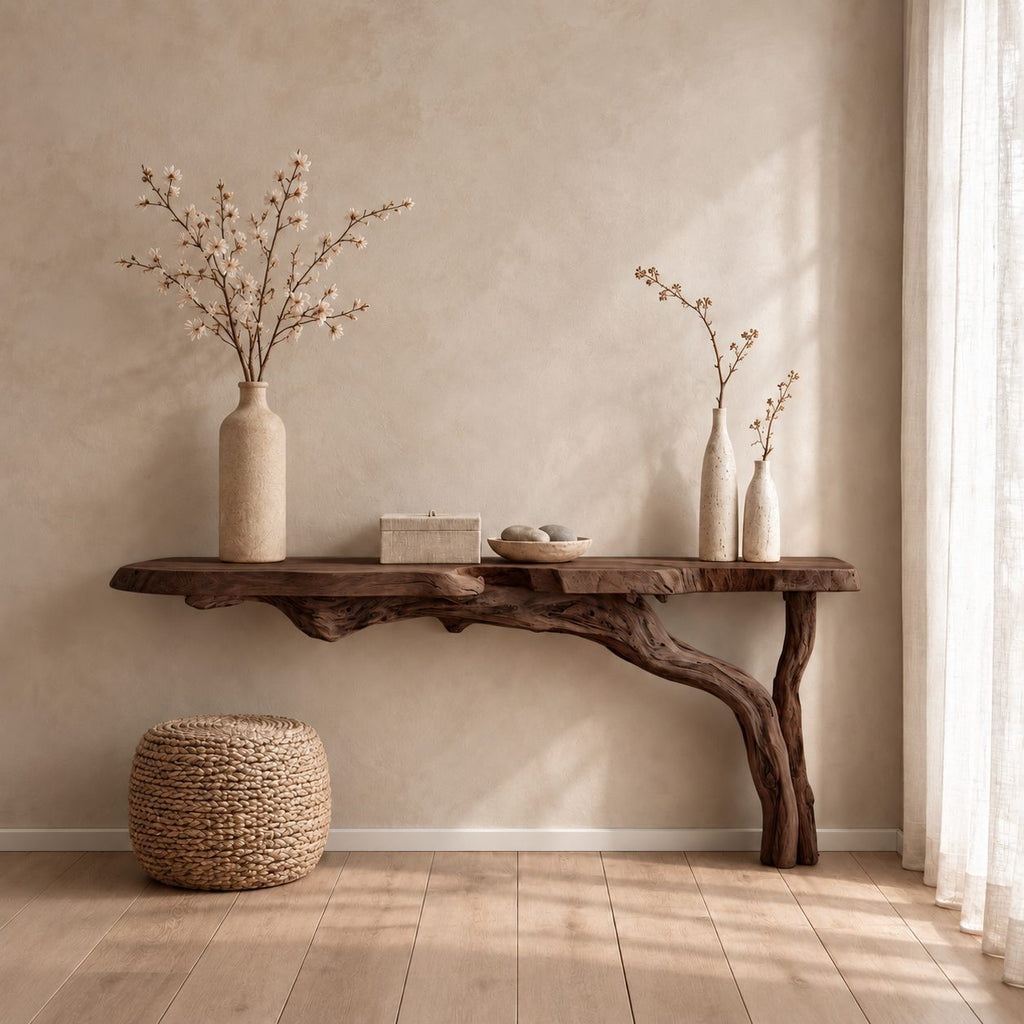 Floating Console Table with Driftwood Branch Leg, Wall Mounted Live Edge Entryway Table