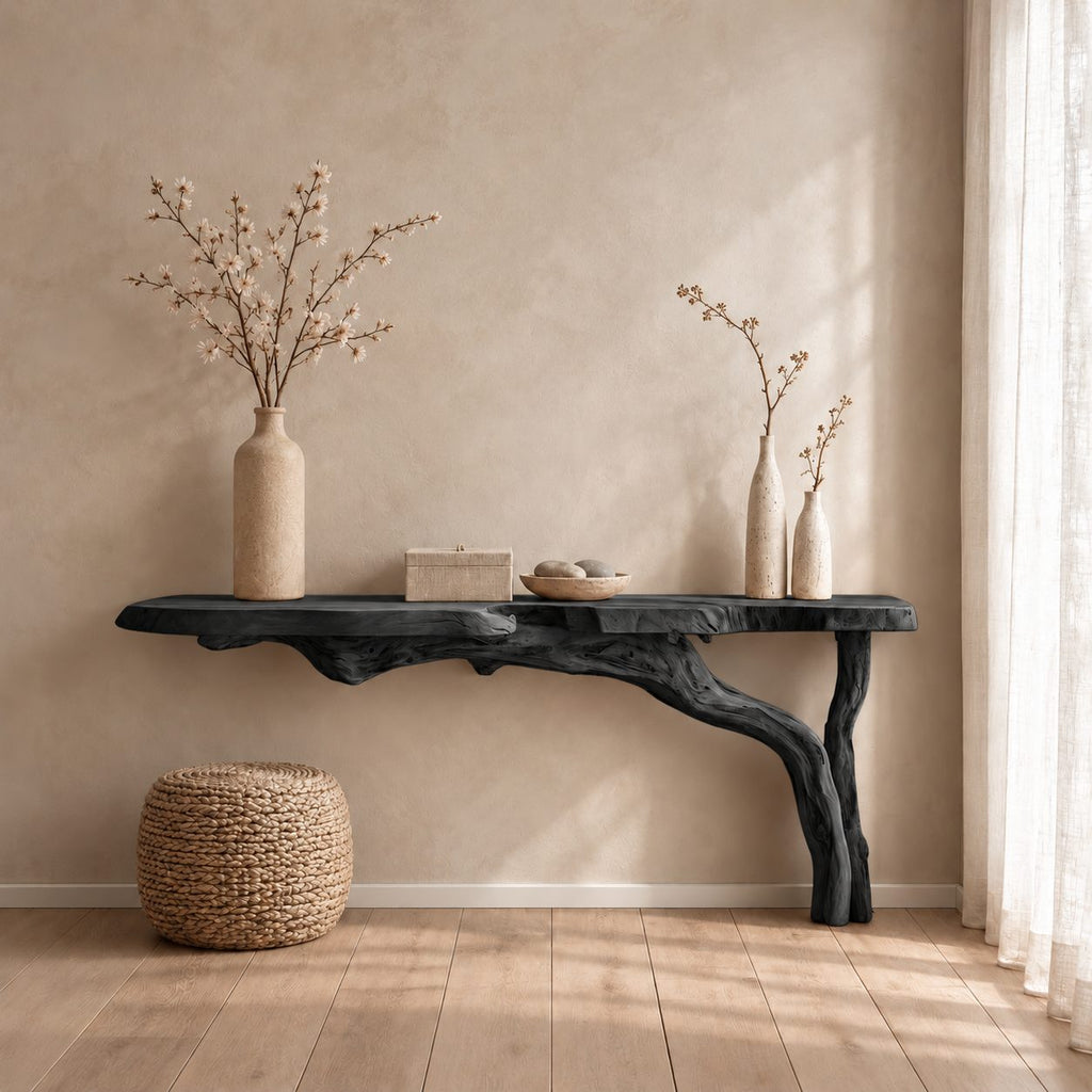 Floating Console Table with Driftwood Branch Leg, Wall Mounted Live Edge Entryway Table
