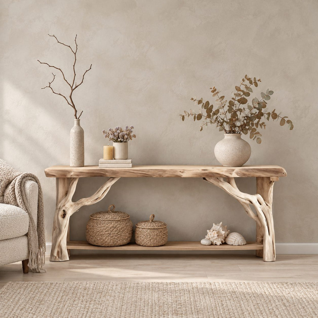 Driftwood Console Table with Twisted Branch Legs and Lower Shelf, Solid Wood Entryway Table