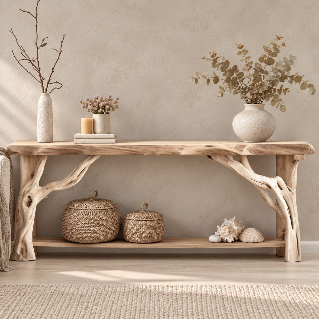 Driftwood Console Table with Twisted Branch Legs and Lower Shelf, Solid Wood Entryway Table