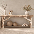 Driftwood Console Table with Twisted Branch Legs and Lower Shelf, Solid Wood Entryway Table