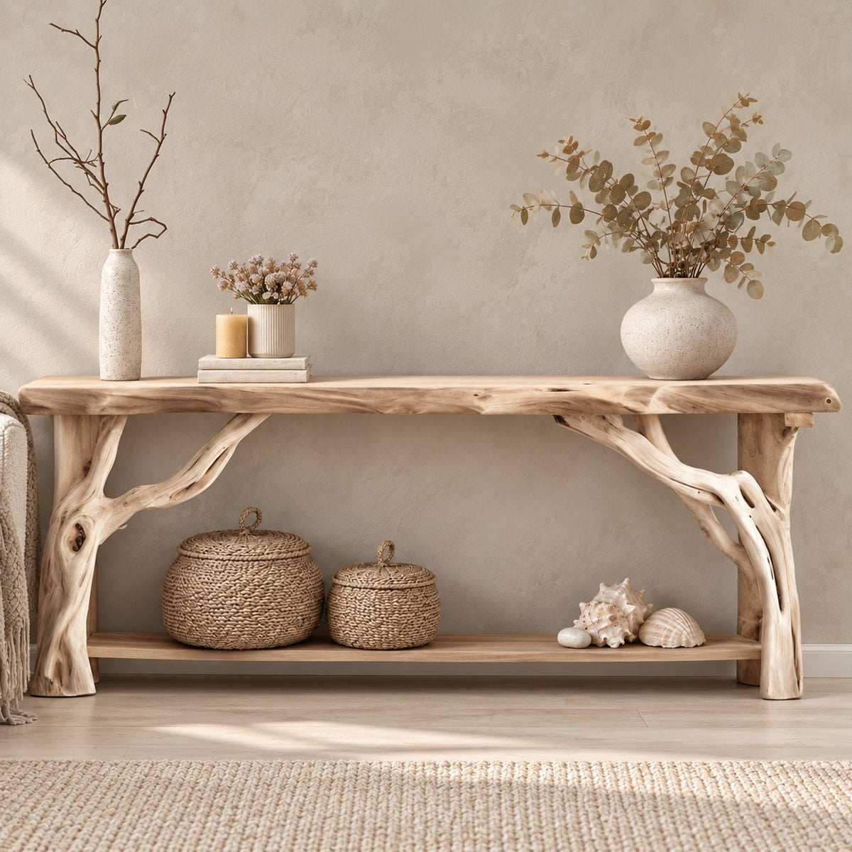 Driftwood Console Table with Twisted Branch Legs and Lower Shelf, Solid Wood Entryway Table