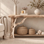 Driftwood Console Table with Twisted Branch Legs and Lower Shelf, Solid Wood Entryway Table
