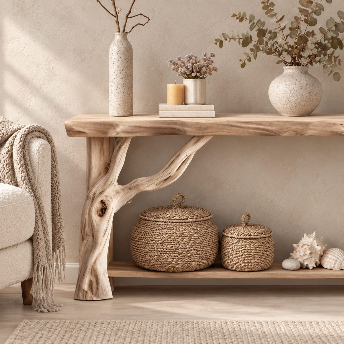 Driftwood Console Table with Twisted Branch Legs and Lower Shelf, Solid Wood Entryway Table