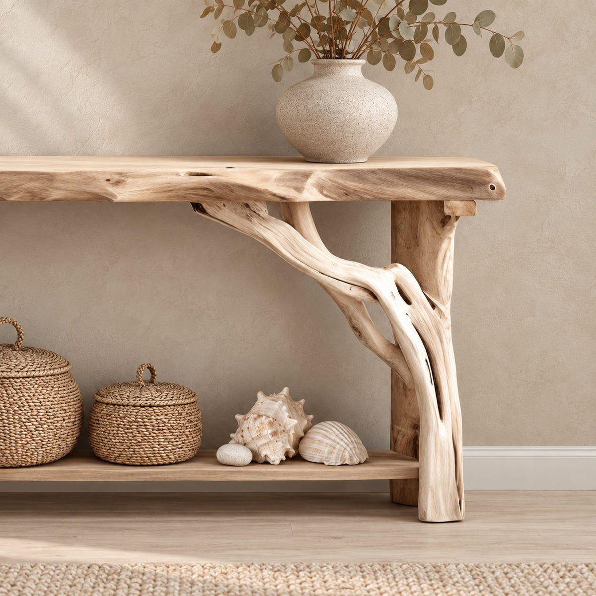Driftwood Console Table with Twisted Branch Legs and Lower Shelf, Solid Wood Entryway Table
