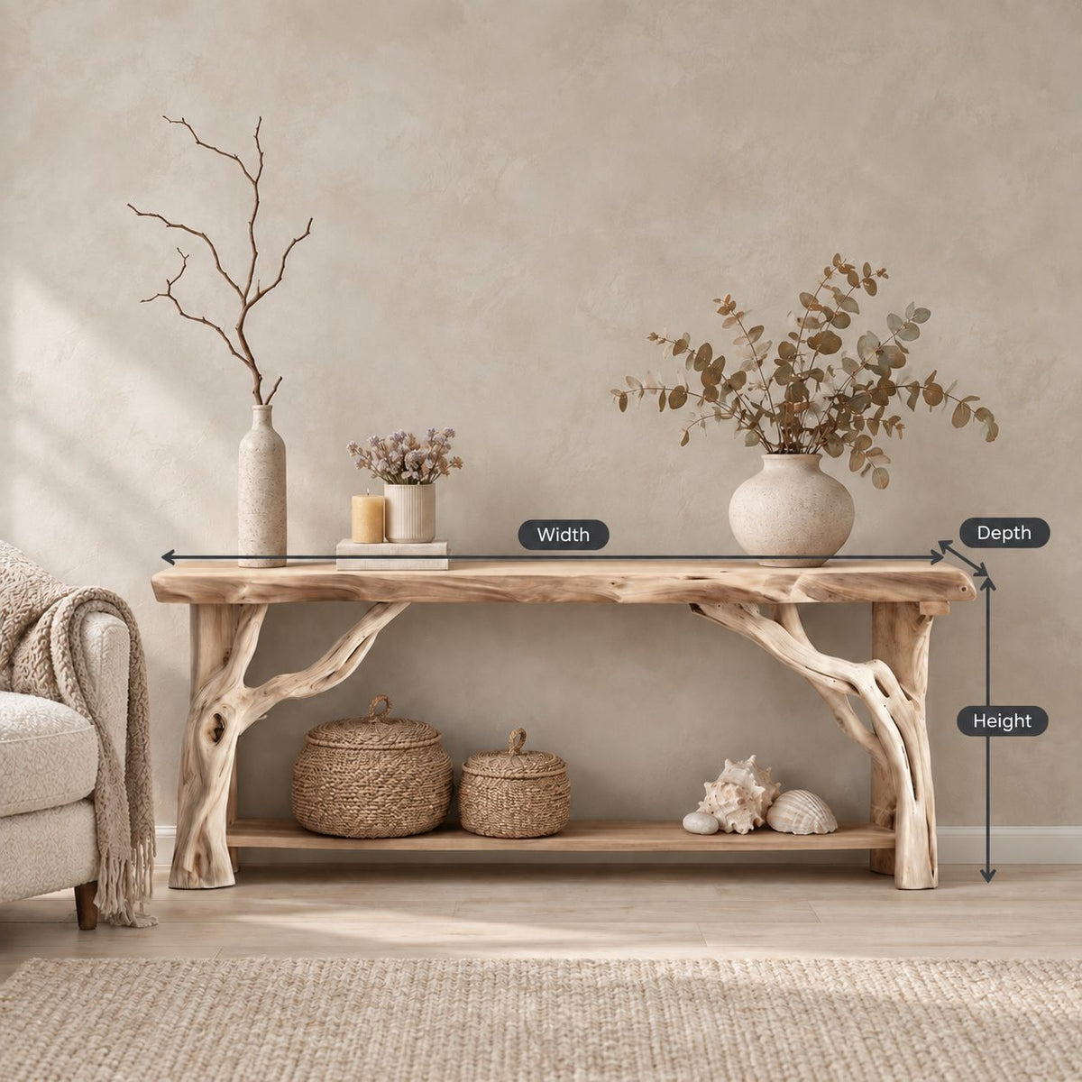 Driftwood Console Table with Twisted Branch Legs and Lower Shelf, Solid Wood Entryway Table