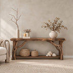 Driftwood Console Table with Twisted Branch Legs and Lower Shelf, Solid Wood Entryway Table