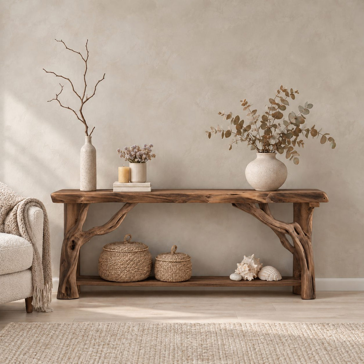 Driftwood Console Table with Twisted Branch Legs and Lower Shelf, Solid Wood Entryway Table