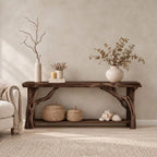 Driftwood Console Table with Twisted Branch Legs and Lower Shelf, Solid Wood Entryway Table